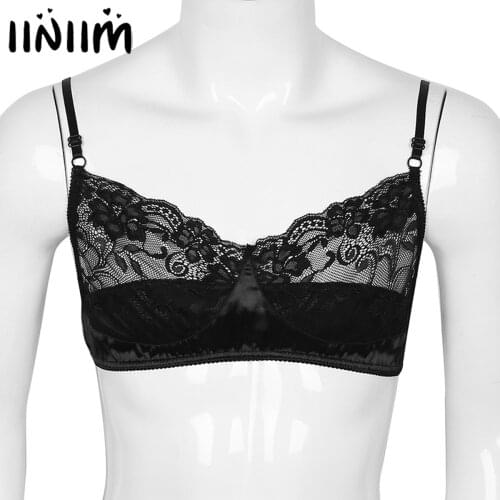 Mens Male Sexy Gay Bra Tank Spaghetti Straps Lace Satin Lingerie Fetish Babydoll Wire-free No Pad Bra Top Bralette Nightwear