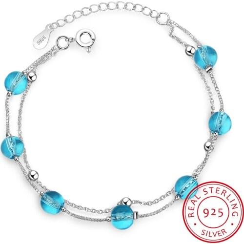 New Fashion Double Layer Blue Crystal 925 Sterling Silver Jewelry Personality Sweet Transfer Beads Bracelets SB166