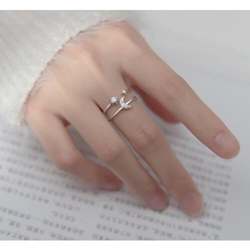 Size 6.5-size8.75 Real. 925 Sterling Silver jewelry CZ 4A+ Moon Star Double Rows Ring Wholesale C-J8388
