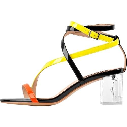 Richealnana 2021 Summer Sandals Low Chunky Transparent Heel Criss Cross Ankle Strap Mixed Colour Lady Shoes Large Size US5-15