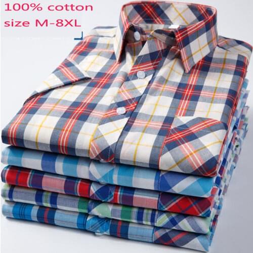 New Arrival Fashion Summer Plaid Men Short Sleeved Shirt 100%cotton Loose Casual Shirts Casual Large Plus Size M-5XL 6XL 7XL 8XL