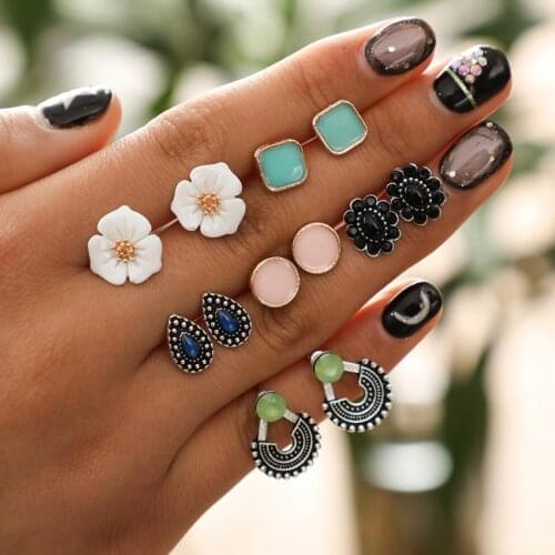 Mixed Designs Spring Colors Flower Square Round Teardrop Women`s Stud Earrings Pack 6paris/Card