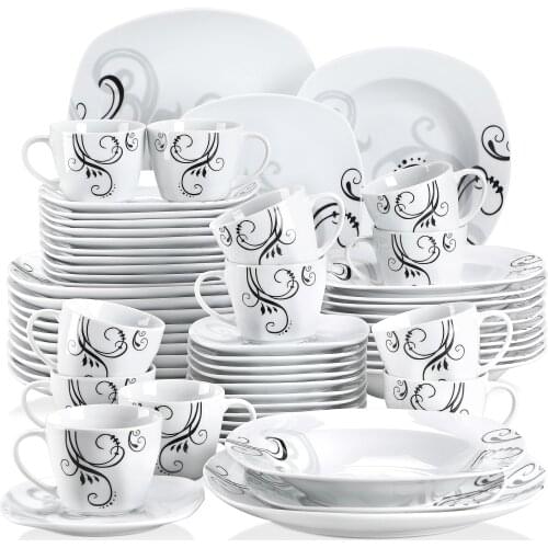 VEWEET ZOEY 60-Piece Black Decals Porcelain Ceramic Dinner Combi-Set with Dessert Plate Soup Plate Dinner Plate Cup Saucer