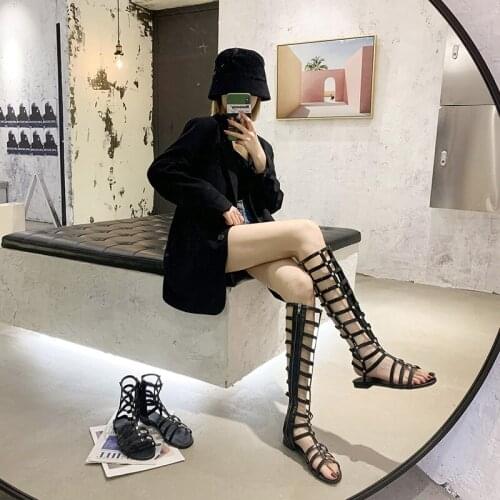 High Tube Roman Open Toe Cool Boots 2021 Summer New Hollow Out Medium and Long Tube Sandals Womens Side Zipper Rivet Flat Shoes