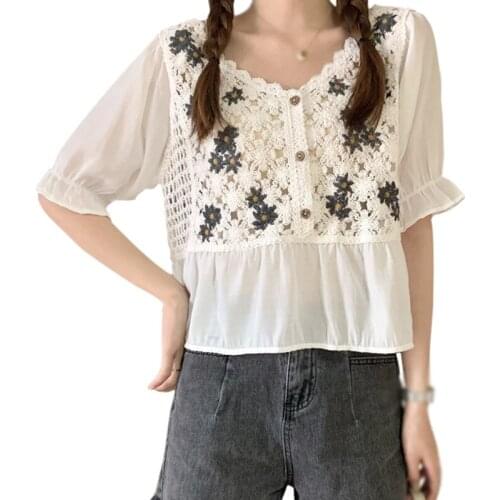 Summer French Temperament Hook Flower Hollow Embroidery Loose V-neck Chow Shirt Womens Top
