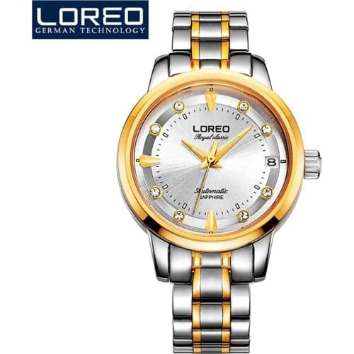LOREO Ladies Mechanical Watch Automatic Stainless Steel Waterproof Luxury Atmosphere White Dial Diamond Ladies New Watch 6107