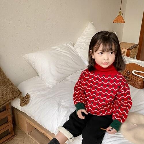 2020 Winter New year Christmas high collar wave pattern knitted sweaters for girls warm base long sleeve red pullovers