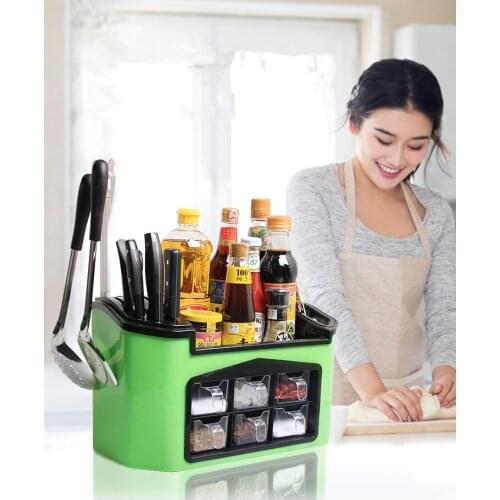 1PC Multifunction Kitchen Knife Fork Spice Rack Plastic Knife Shelf Seasoning Box Jar Storage Organizer Kitchen Holder JO 1093
