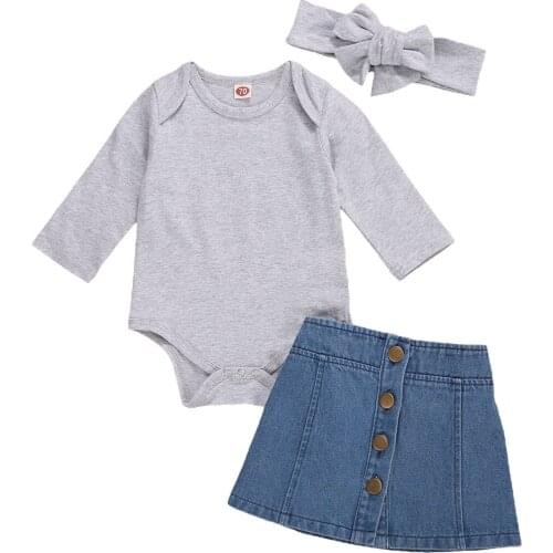 2020 Summer Baby Girls Casual Outfits Long Sleeve Round Neck Solid Color Bodysuits + Denim Skirt + Headband Set 0-24M Clothing
