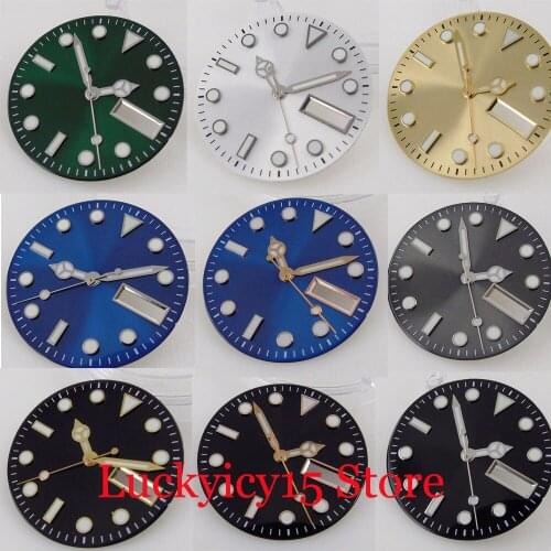 29mm fit NH36A Double Date Calendar Window Sterile Sunburst Watch Dial Hand Set Green Luminous Marks