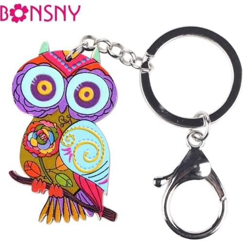 Bonsny Colorful Owl Acrylic Bag Key Chain For Girls Keychain Animal New 2016 Woman Keyring Gift fashion Accessories Brand