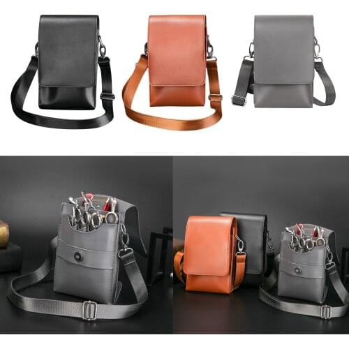 PU Leather Hair Scissor Bag Clips Bag Hairdressing Barber Scissor Holster Pouch Holder Case with Waist Shoulder Belt Brown