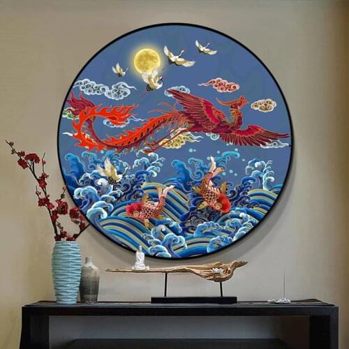 DIY DMC New Chinese style Carp Crane Crane Phoenix Round Cross stitch Sets Printed Patterns Cross stitch kits Home Decor