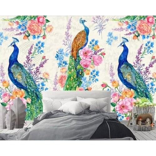 European-style retro hand painted peacock pastoral background wall