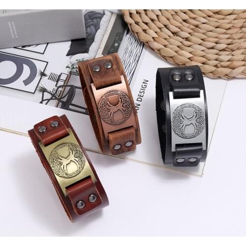 Brown Mens Leather Bracelet Vintage Metal Life Tree Viking Adjustable Bracelets Women Wrap Wristband Jewelry