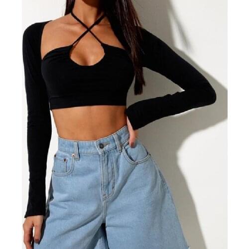 Sexy Halter Lace-Up Crop Tops Female Long Sleeve Solid Color Front Cutout Slim Fit Y2K Style Wild Casual Summer T-Shirt