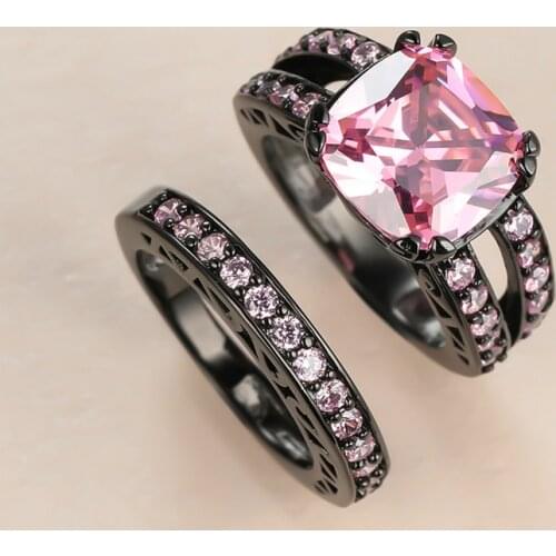 Cute Female Pink Crystal Stone Ring Set Luxury 14KT Black Gold Wedding Rings For Women Charm Bride Square Zircon Engagement Ring