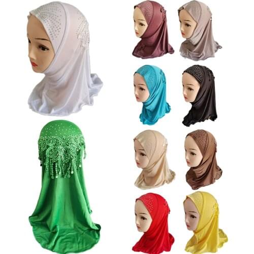 Muslim Kids Girls Beautiful Tassels Rhinestone Hijab Islamic Scarf Shawls Beautiful Drill for 2 to 7 years old Girls Arab Scarf