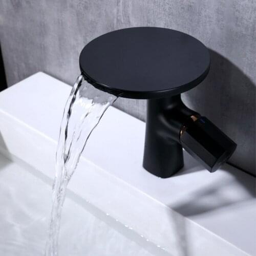 Newest Black brass waterfall bathroom sink faucet Single handle single hole basin sink faucet cold hot water mxier top quality