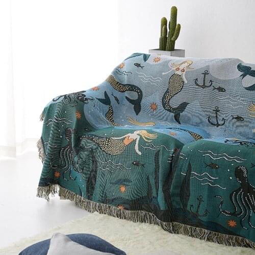 Mermaid Tropical Monstera Palm Pattern Throw Blanket For Sofa cover Towel Nap Blanket With Tassels Tapestry Home Bed Decoration