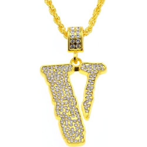 Hot new hip-hop mens pendant fashion full of drill V-word necklace