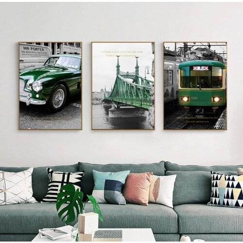 Bubble Car Retro Decorative Painting Green Car Bridge Wall Art Canvas Garden Decoration Wall Pictures for Living Room Kitchen