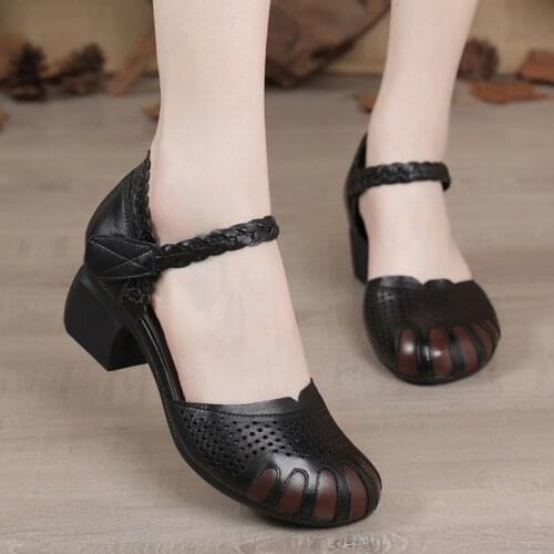 Genuine Leather Women Sandals 2021 Summer Hook & Loop Print Retro Shoes Sewing Handmade Concise Leisure Hollow Ladies Sandalias