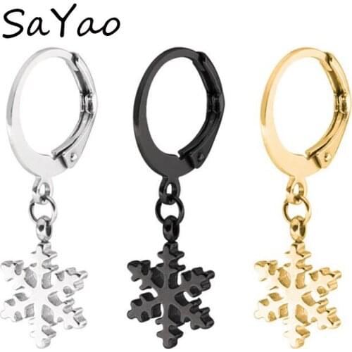 SaYao 2Piece 10mm Round Huggie Earring Stainless Steel Hoop Ear Men Women Snowflake Flower Earrings Stud Earring Gift