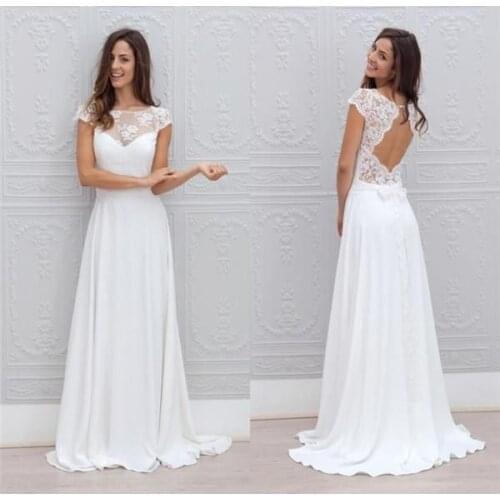 Chiffon Cap Sleeve Wedding Dresses 2020 Lace Appliques Backless Bride Dress A line Custom Made Wedding Dress