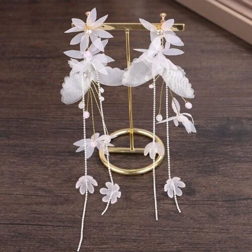 Bride Sweet Jewelry Sets Wedding Butterfly Hairpins Plume Long Hair Earrings Piercing Pink Flowers Ornaments Handmade Decoration