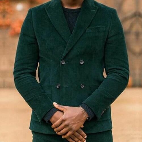 Dark Green Mens Corduroy Suits For Wedding Double Breasted Regular Vintage Tuxedo Groom Suits 2 PCS Coat+Pant Custom