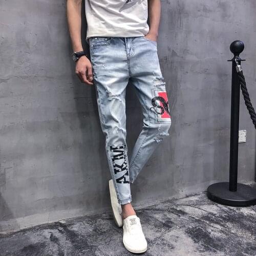 Spring Autumn 2021 Fashion Snake Ripped Hole Jeans Personality Beam Feet Pants Paragraph Spirit Guy Pants Male Beggar Pants