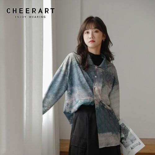 CHEERART Gradient Hand Painted Vintage Shirt Long Sleeve Top And Blouse Button Up Collar Shirt 2021 Fashion Designer Clothes