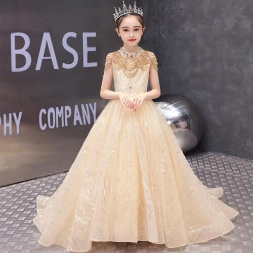 High-End Children Sequined Beading Trailing Evening Gown Kids Catwalk Birthday Party Princess Dresses For Girl Vestidos L1111