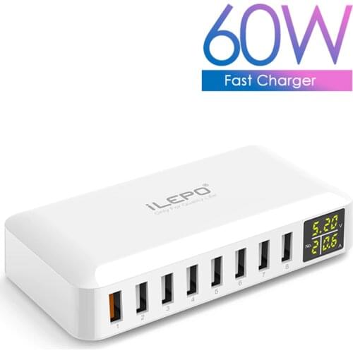 60W 8 Port USB Charger QC 3.0 HUB Smart Quick Charge LED Display Multi USB Charging Station Mobile Phone Fast Charger Desktop