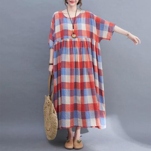 Vintage Summer Cotton Plaid Dress For Women Oversized One-Piece Womens Clothing 2021 New Fashion Ladies Long Mujer Femme Dresses