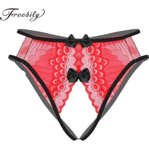 Womens Sexy Lingerie See Through Floral Lace Underwear Hollow Out Crotchless Briefs Bowknot Decor Thongs Open Butt Underpants