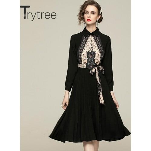Trytree 2021 Spring Summer Womens Dress Casual Turn-down Collar Vintage Printed Belt A-line Mid-Calf Office Lady Shirt Dress