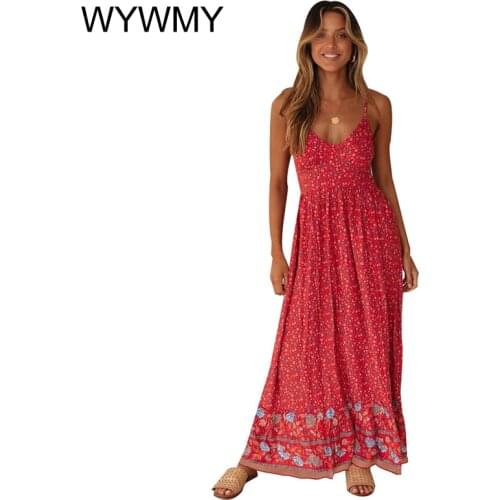 WYWMY Women Long Maxi Dress 2021 New Fashion Spaghetti Strap Floral Print Beach Dress V-neck Ruffles Party Dress Vestidos Femme