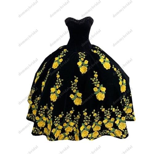 Modest Yellow Printed Floral Flowers Black Velvet Ball Gown Quincaenera Dress Mexican Charro XV Sweet 15 Party Formal Prom Dress