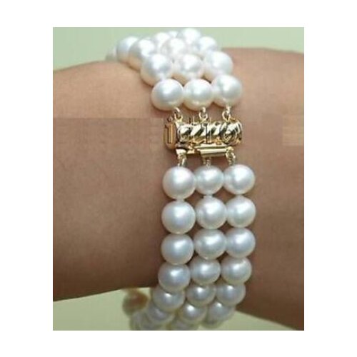 FREE SHIPPING @@ 0700 3row 8" 7-8mm WHITE ROUND FRESHWATER PEARL BRACELET