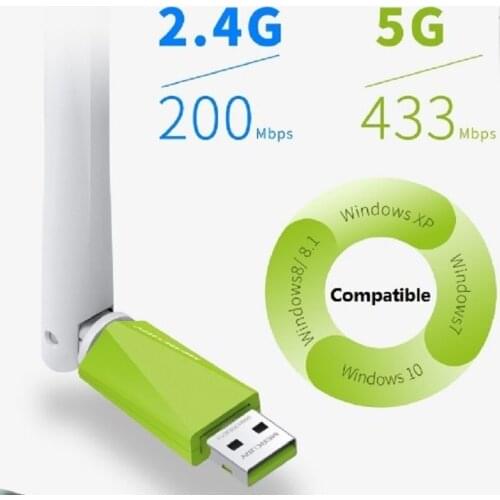 Plug&Play Drive-free AC650 Wireless Network Card 11AC 650Mbps Dual Band 2.4GHz 5GHz USB2.0 WiFi Adapter w/ 5dBi External Antenna