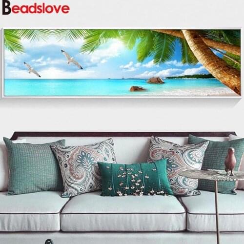 Large Full Square round diamond Painting Sea Sky Landscape Palm Tree diamond embroidery diamond mosaic Picture of Rhinestone