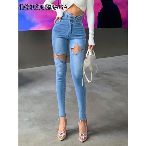 WOMENGAGA Autumn New Women High Waist Patchwork Hole Irregular Sexy Cargo Pants Jeans Trousers Sexy Girl Female HTMD