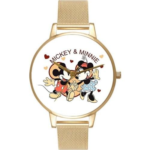 Disney Mickey Minnie Cartoon children watch student Golden Gold mesh strap Mickey Mouse Quartz watches Girl accessory watch