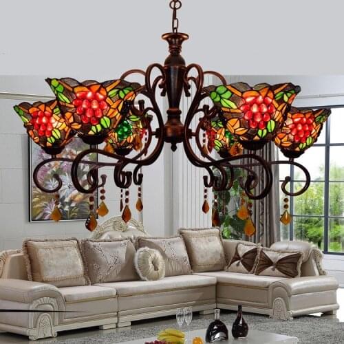European retro Pastoral grape lamp living room master bedroom room dining room chandelier Tiffany 8 heads crystal lights e27