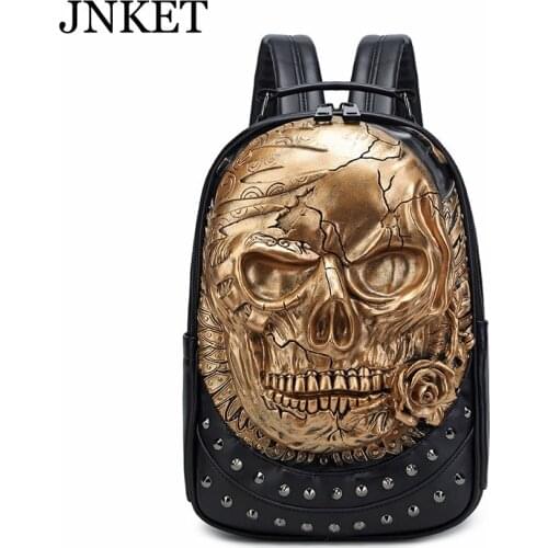 JNKET New Men Punk Rivet Backpacks PU Leater Skull Backpack Laptop Bagpack School Bags Large Capacity Waterproof Backpacks