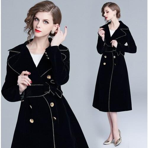 Fashion Black Polo Neck Velvet Comfortable Fabric Double Breasted Jacket Trench Coat For Women Abrigos Mujer With Belt Winter