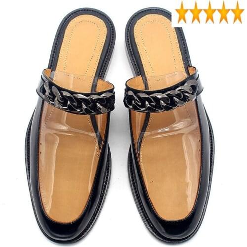 Slippers Mens Brand Genuine Handmade Leather Flats Summer 2021 Metal Chain Loafers Flat Sandals Leisure Cowhide Party Shoes Men