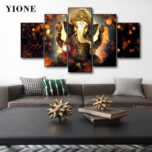 5 Panel Golden Elephant God Statue Canvas Paintings Set Art Animal Buddhism Religious Pictures for Room Wall Posters and Prints